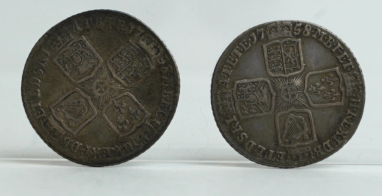 British silver coins, George II, two shilling coins, 1758, both fine/good fine and four sixpences, 1746, LIMA, fine, 1758/7, about VF, 1758, fine or better and 1757, about VF (6)